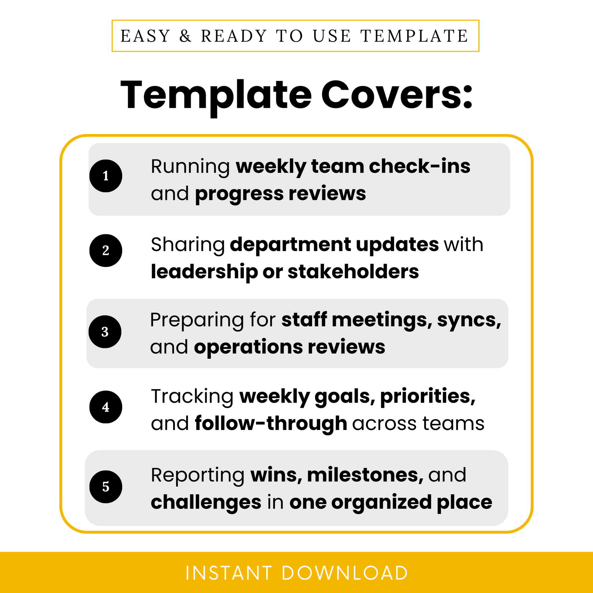 Weekly team report template for team check-ins, progress reviews, leadership updates, staff meetings, and tracking goals, wins, and challenges
