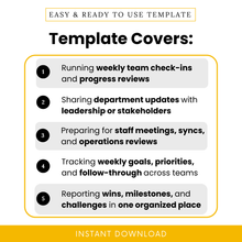 Weekly team report template for team check-ins, progress reviews, leadership updates, staff meetings, and tracking goals, wins, and challenges