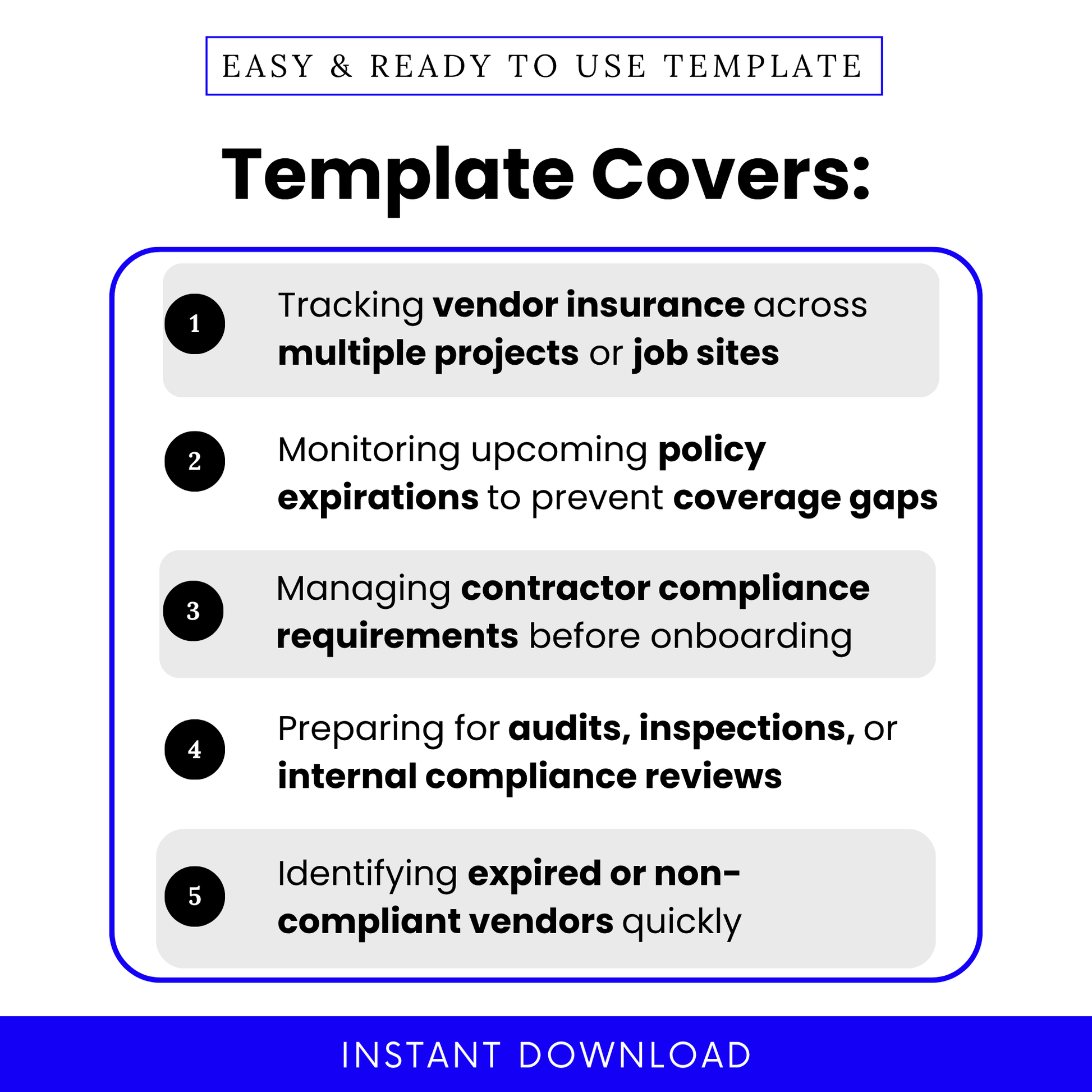 Vendor insurance tracking template showing real use cases like monitoring policy expirations, managing contractor compliance, and preparing for audits. This editable COI tracker template helps businesses prevent coverage gaps and stay organized across multiple projects or job sites.