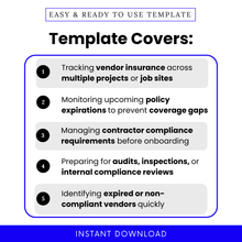 Vendor insurance tracking template showing real use cases like monitoring policy expirations, managing contractor compliance, and preparing for audits. This editable COI tracker template helps businesses prevent coverage gaps and stay organized across multiple projects or job sites.