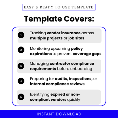 Vendor insurance tracking template showing real use cases like monitoring policy expirations, managing contractor compliance, and preparing for audits. This editable COI tracker template helps businesses prevent coverage gaps and stay organized across multiple projects or job sites.