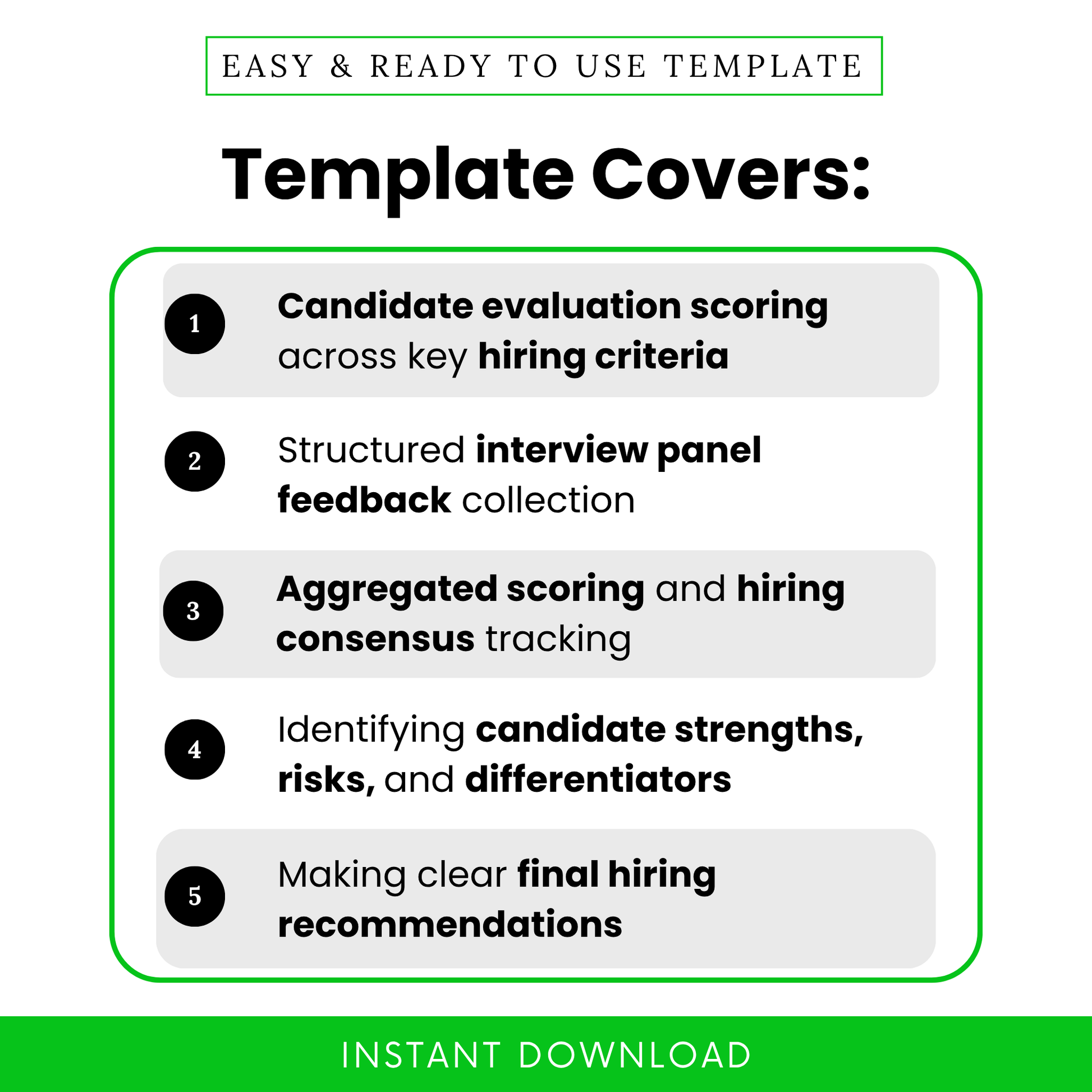 Simple Job Candidate Score Summary Template highlighting candidate evaluation scoring, interview panel feedback, and hiring decision tracking. This editable hiring scorecard template is perfect for teams looking to standardize recruitment processes and improve candidate comparison.