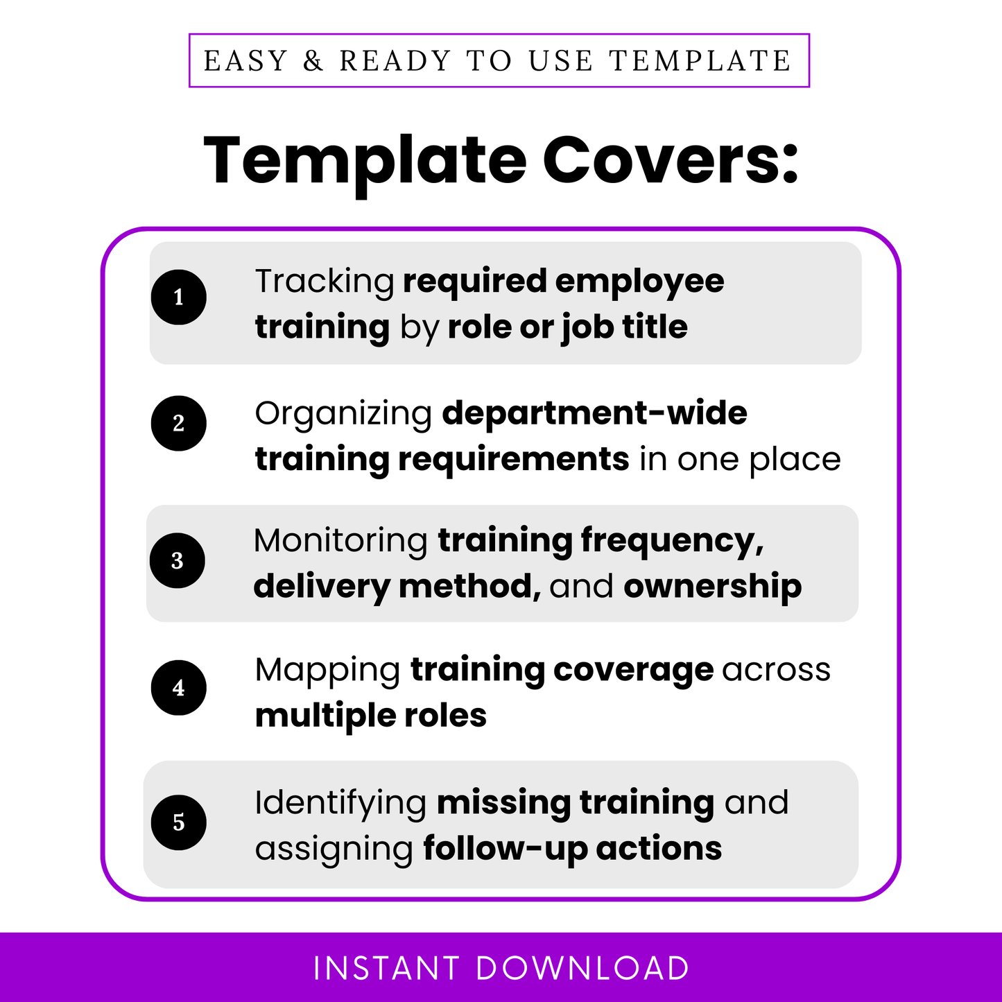 Department training matrix template features including tracking employee training by role, organizing department requirements, monitoring training frequency and ownership, and identifying training gaps