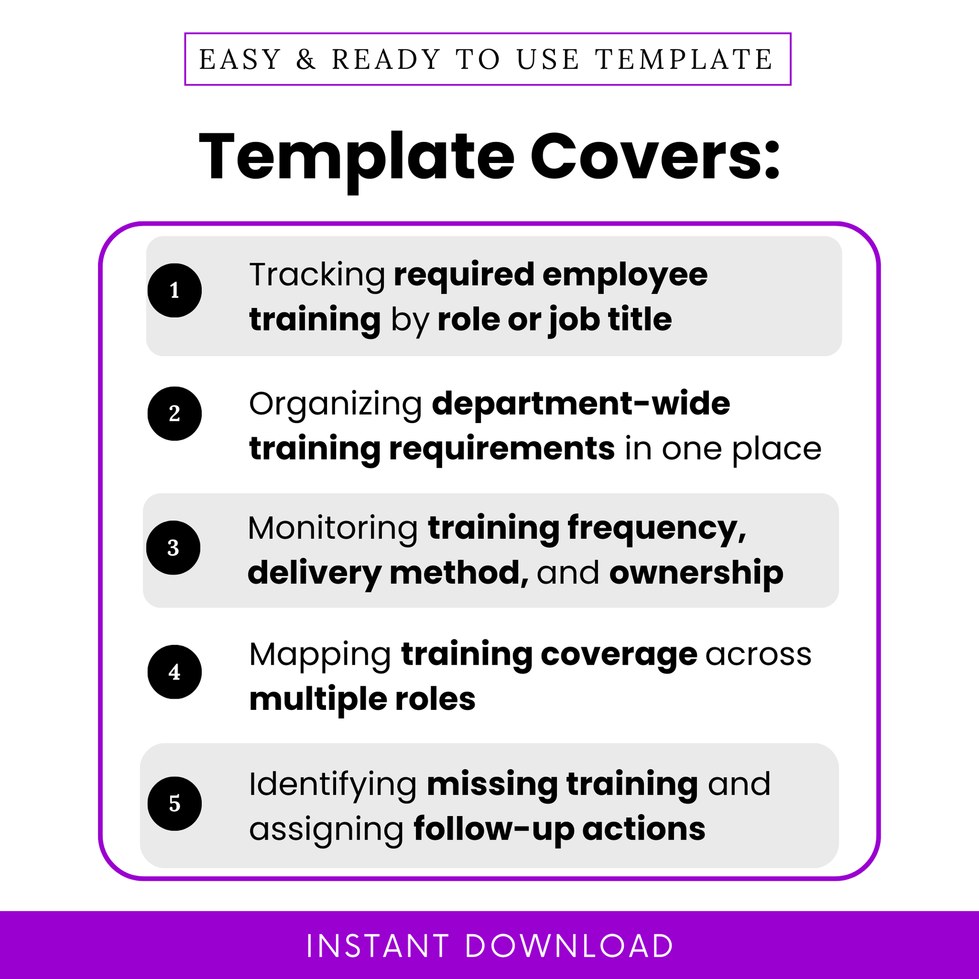 Department training matrix template features including tracking employee training by role, organizing department requirements, monitoring training frequency and ownership, and identifying training gaps