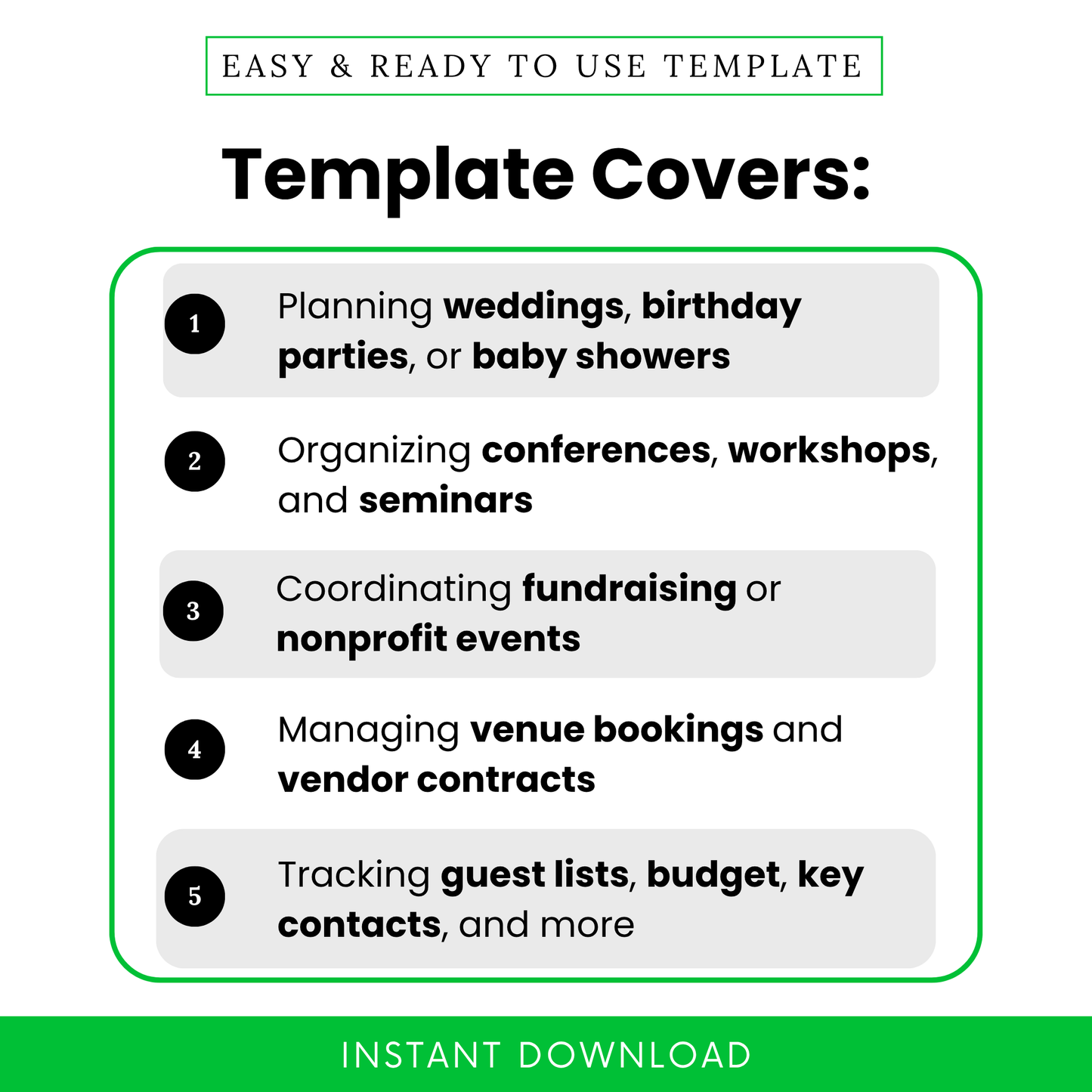 Event planner template showcasing use cases including weddings, birthday parties, baby showers, conferences, workshops, nonprofit events, vendor coordination, and guest list tracking for organized event management