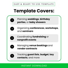Event planner template showcasing use cases including weddings, birthday parties, baby showers, conferences, workshops, nonprofit events, vendor coordination, and guest list tracking for organized event management