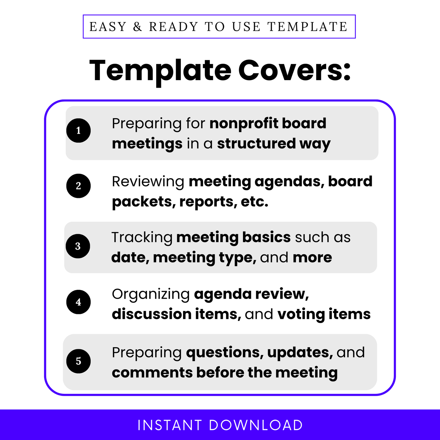 Nonprofit board meeting checklist template covers graphic showing five key use cases including preparing for nonprofit board meetings, reviewing board packets and agendas, tracking meeting basics, organizing discussion and voting items, and preparing questions and updates before the meeting