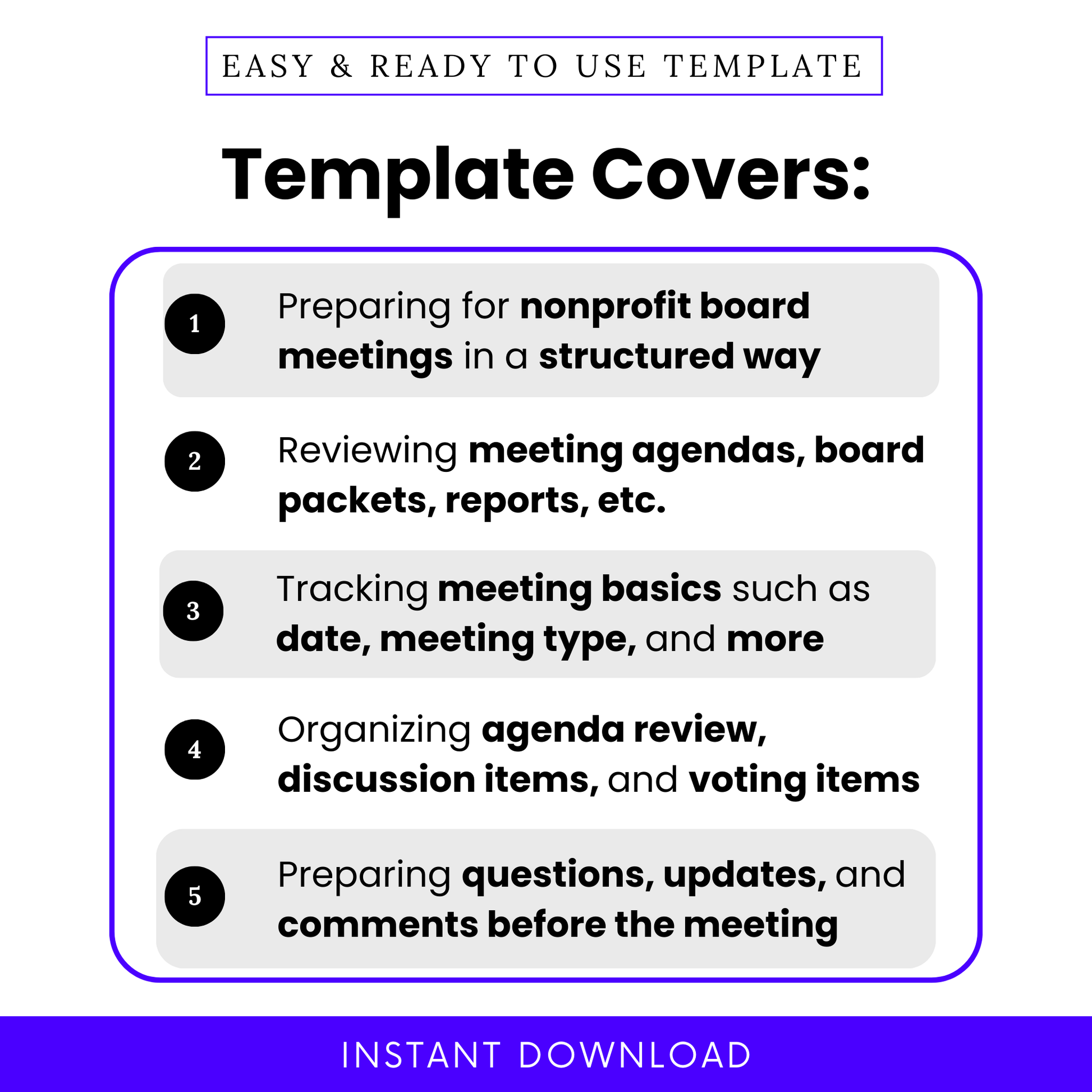 Nonprofit board meeting checklist template covers graphic showing five key use cases including preparing for nonprofit board meetings, reviewing board packets and agendas, tracking meeting basics, organizing discussion and voting items, and preparing questions and updates before the meeting