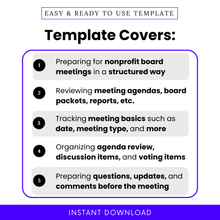 Nonprofit board meeting checklist template covers graphic showing five key use cases including preparing for nonprofit board meetings, reviewing board packets and agendas, tracking meeting basics, organizing discussion and voting items, and preparing questions and updates before the meeting