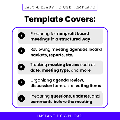 Nonprofit board meeting checklist template covers graphic showing five key use cases including preparing for nonprofit board meetings, reviewing board packets and agendas, tracking meeting basics, organizing discussion and voting items, and preparing questions and updates before the meeting