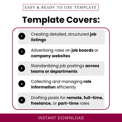 Job posting template Word use cases showing structured job listings, job board advertising, standardized hiring across teams, and efficient role information management for HR and recruiters
