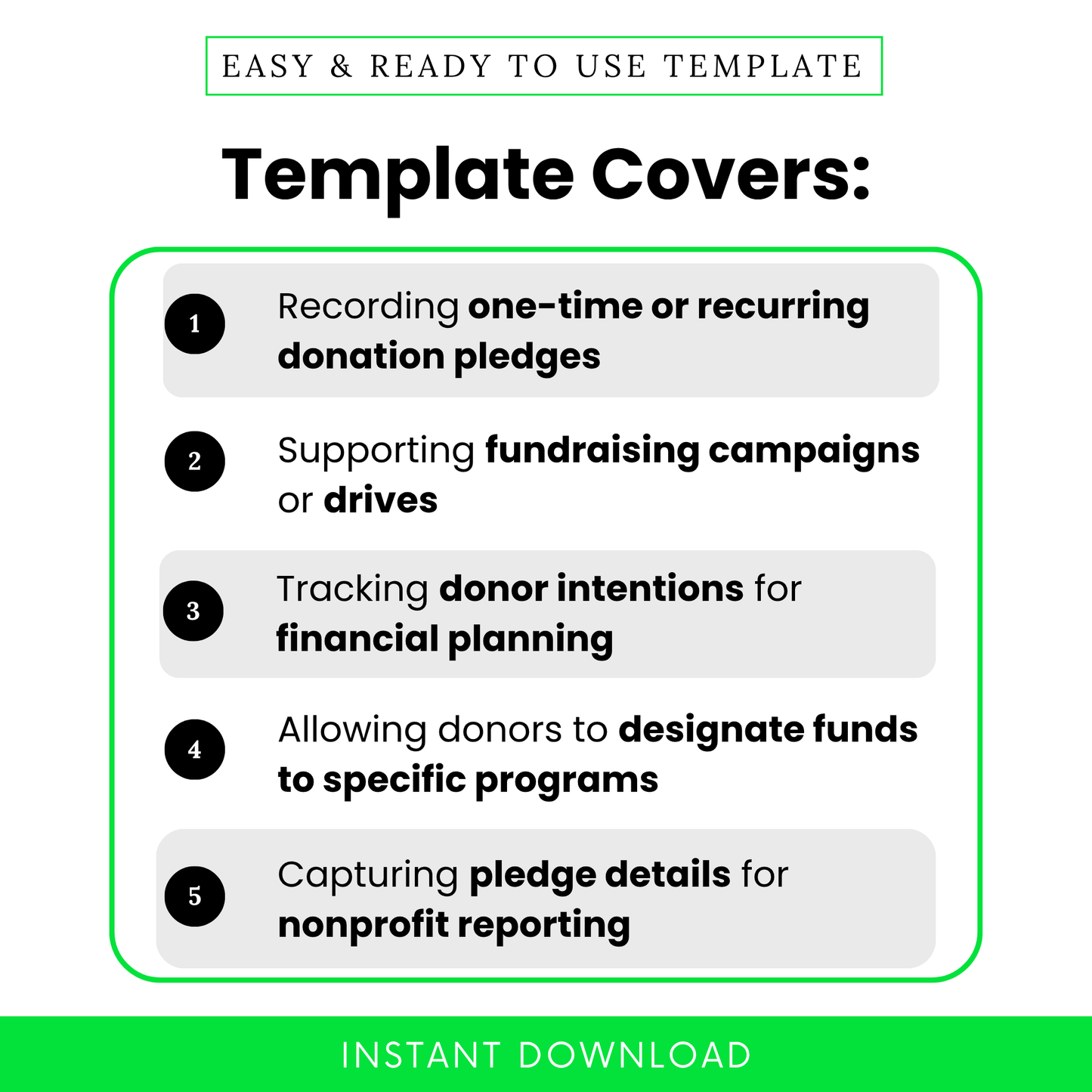 Simple Donation Pledge Template highlighting use cases like one-time or recurring pledges, fundraising tracking, and donor intent management. This editable donation form template helps nonprofits streamline campaigns, organize contributions, and improve financial planning.