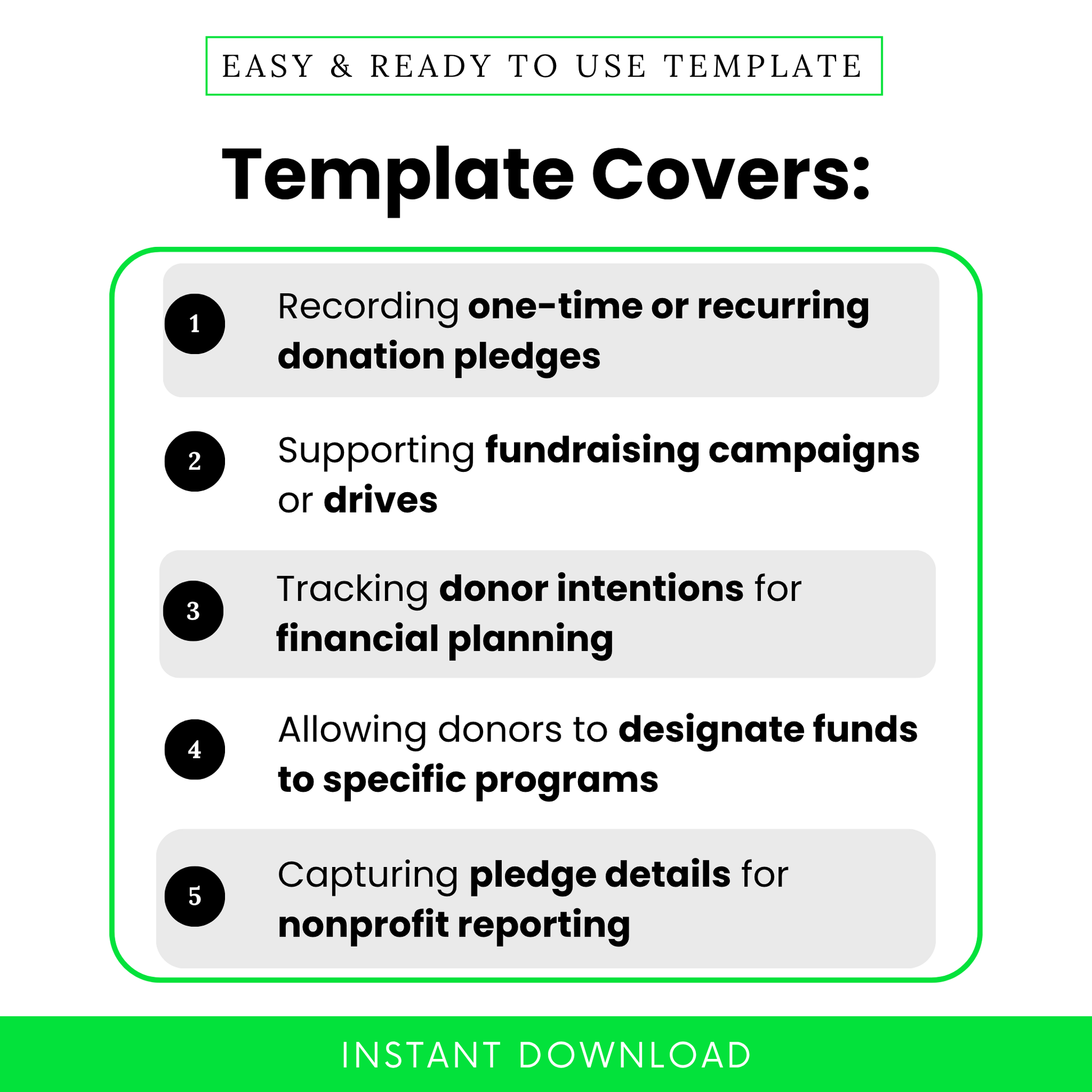Simple Donation Pledge Template highlighting use cases like one-time or recurring pledges, fundraising tracking, and donor intent management. This editable donation form template helps nonprofits streamline campaigns, organize contributions, and improve financial planning.
