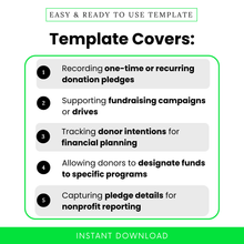 Simple Donation Pledge Template highlighting use cases like one-time or recurring pledges, fundraising tracking, and donor intent management. This editable donation form template helps nonprofits streamline campaigns, organize contributions, and improve financial planning.