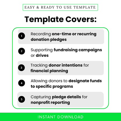 Simple Donation Pledge Template highlighting use cases like one-time or recurring pledges, fundraising tracking, and donor intent management. This editable donation form template helps nonprofits streamline campaigns, organize contributions, and improve financial planning.