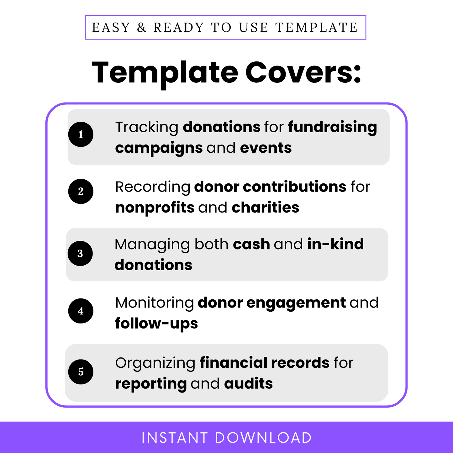 Simple Donation Tracking Log Template highlighting key use cases like tracking donations, managing donor contributions, and organizing fundraising campaigns. This editable donation tracker template is perfect for nonprofits, charities, and organizations needing clear financial and donor records.
