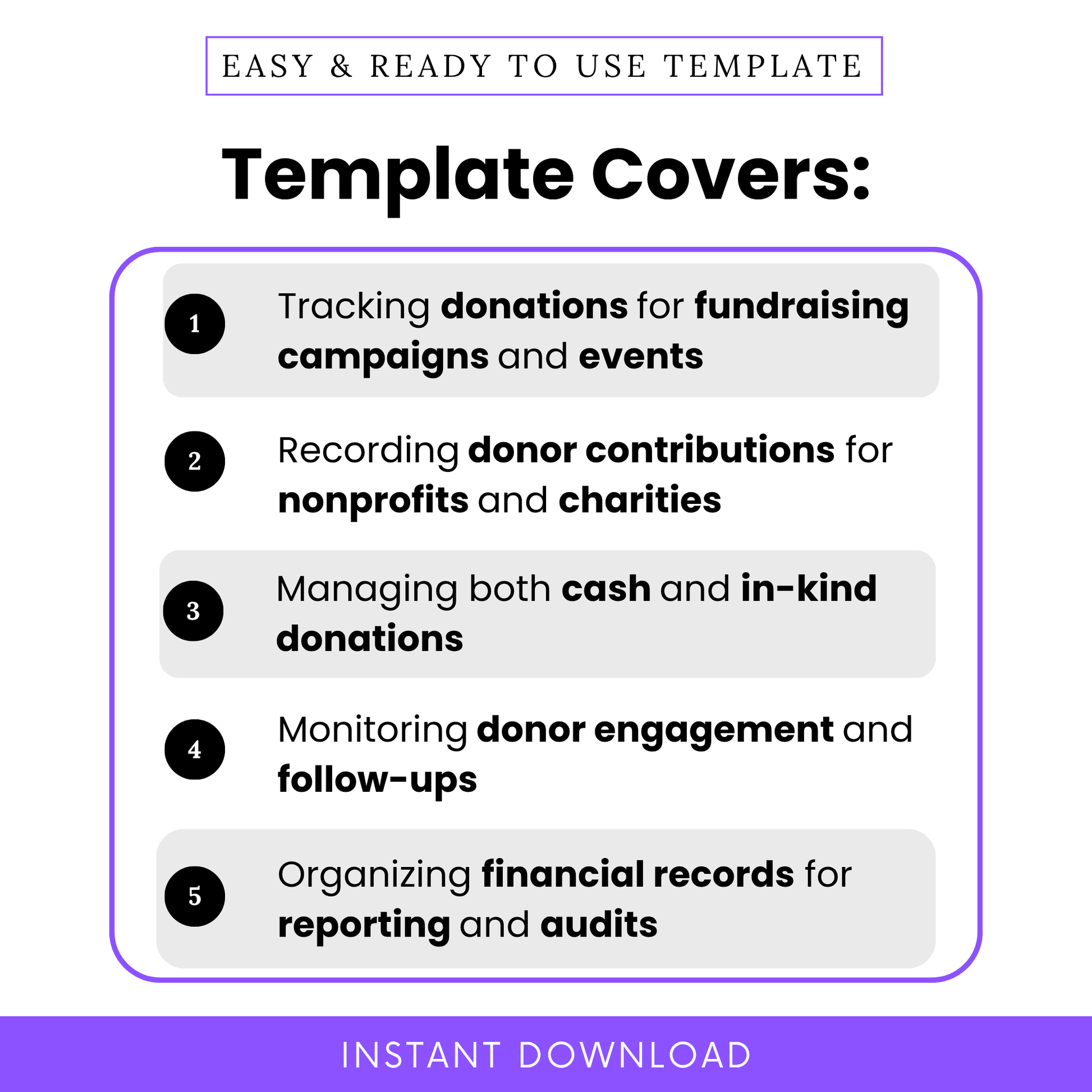 Simple Donation Tracking Log Template highlighting key use cases like tracking donations, managing donor contributions, and organizing fundraising campaigns. This editable donation tracker template is perfect for nonprofits, charities, and organizations needing clear financial and donor records.