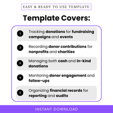 Simple Donation Tracking Log Template highlighting key use cases like tracking donations, managing donor contributions, and organizing fundraising campaigns. This editable donation tracker template is perfect for nonprofits, charities, and organizations needing clear financial and donor records.