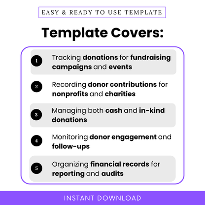 Simple Donation Tracking Log Template highlighting key use cases like tracking donations, managing donor contributions, and organizing fundraising campaigns. This editable donation tracker template is perfect for nonprofits, charities, and organizations needing clear financial and donor records.
