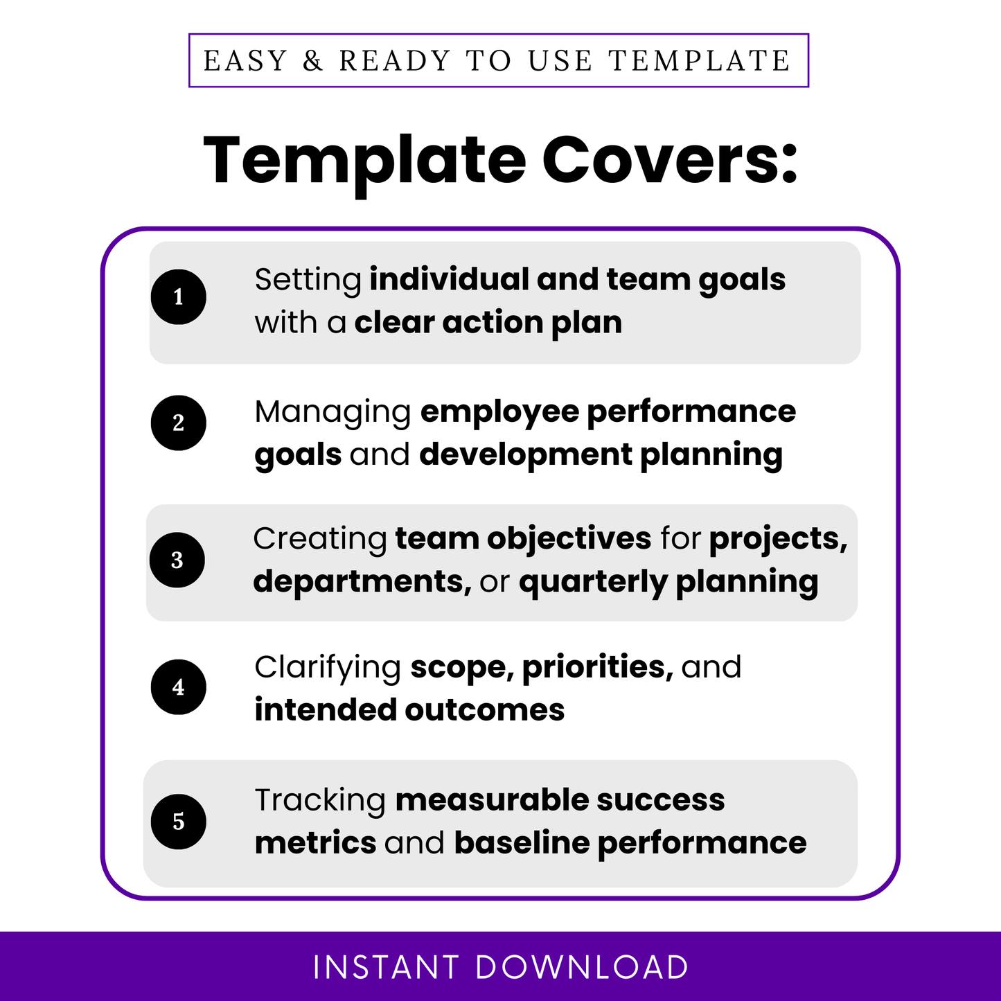 SMART goals worksheet use cases graphic highlighting individual and team goal setting, employee performance tracking, project planning, scope clarification, and measurable success metrics