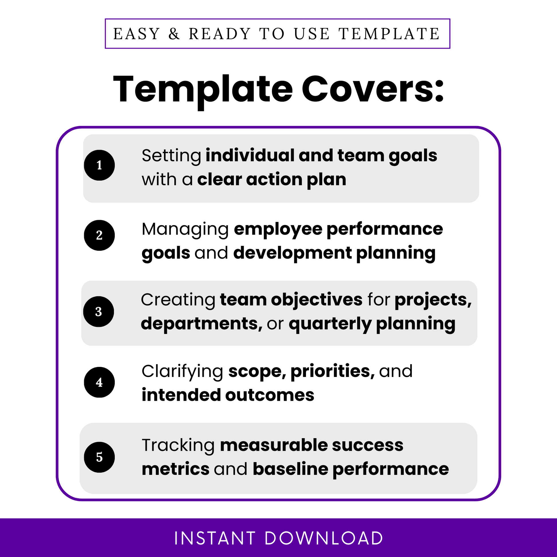 SMART goals worksheet use cases graphic highlighting individual and team goal setting, employee performance tracking, project planning, scope clarification, and measurable success metrics