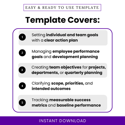 SMART goals worksheet use cases graphic highlighting individual and team goal setting, employee performance tracking, project planning, scope clarification, and measurable success metrics