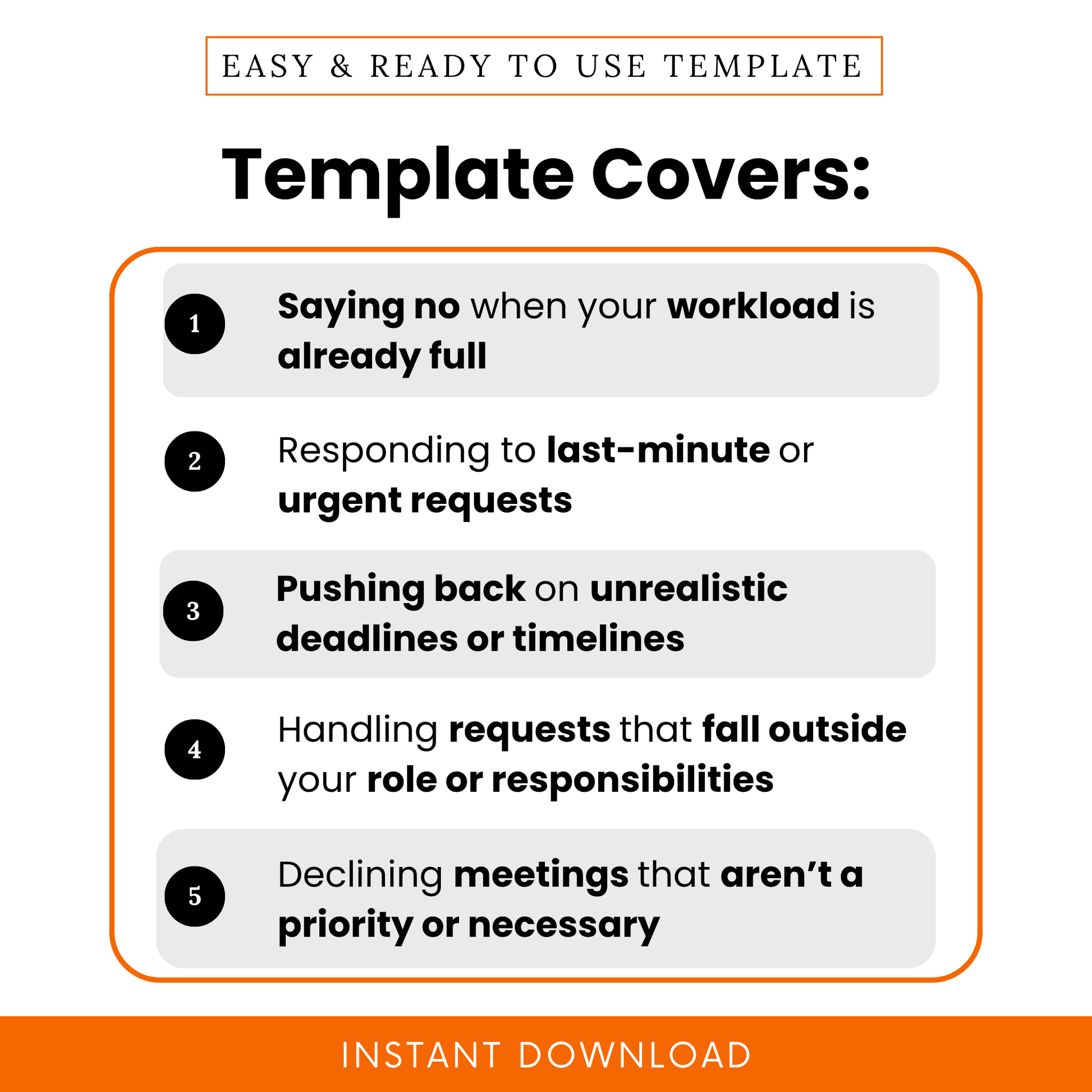 Manager boundary setting template covers saying no at work, handling workload, urgent requests, unrealistic deadlines, and meeting decline scenarios, professional communication guide