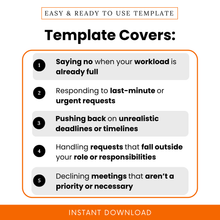Manager boundary setting template covers saying no at work, handling workload, urgent requests, unrealistic deadlines, and meeting decline scenarios, professional communication guide