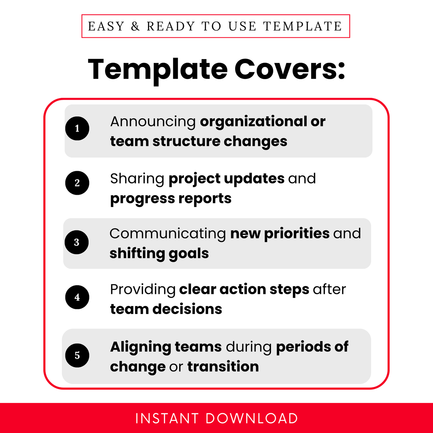 Business template use cases graphic showcasing organizational changes, project updates, team priorities, action steps, and team alignment, presented in a modern layout with numbered sections and a clean, professional design.
