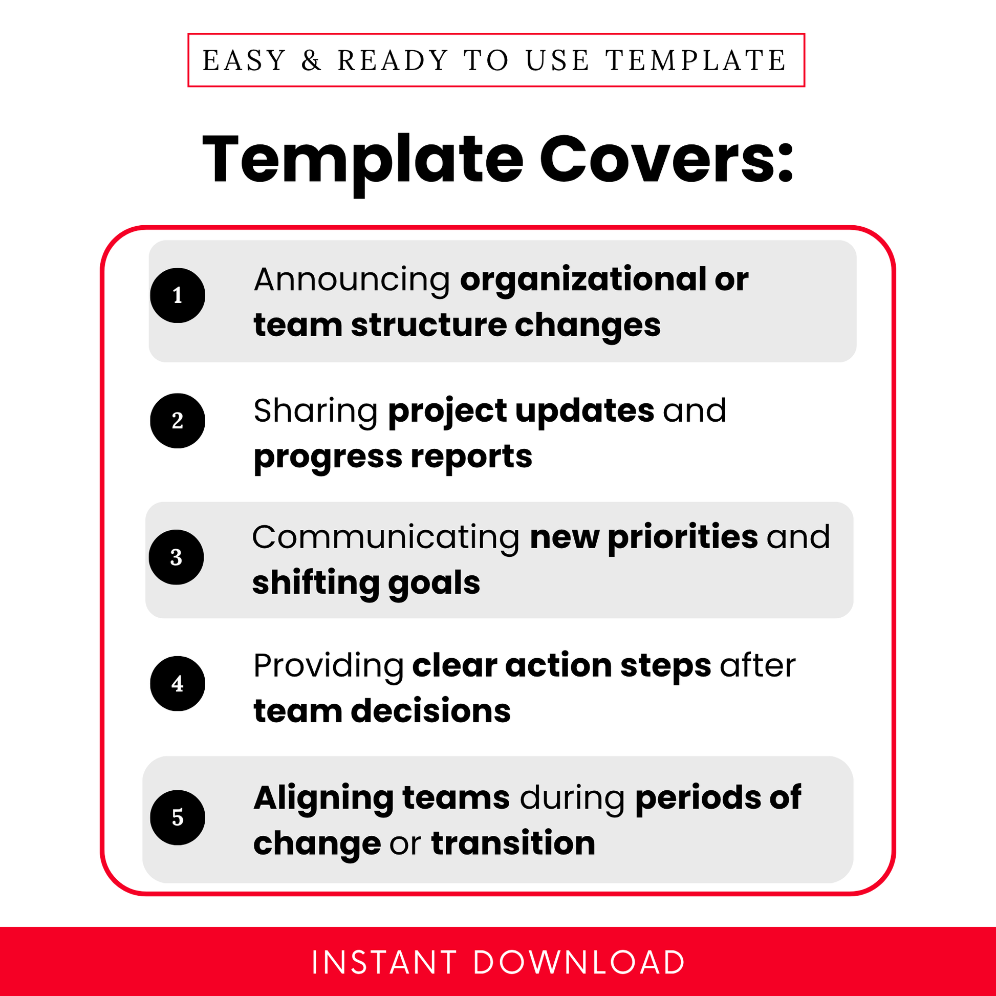 Business template use cases graphic showcasing organizational changes, project updates, team priorities, action steps, and team alignment, presented in a modern layout with numbered sections and a clean, professional design.