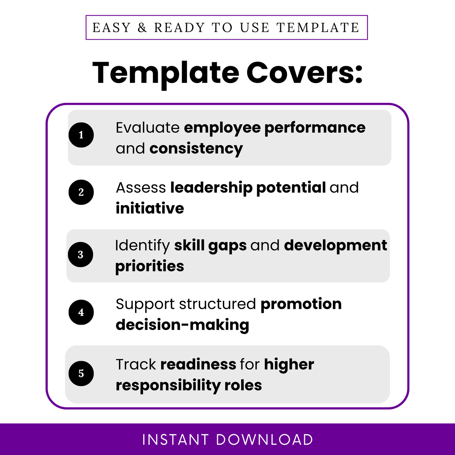 Employee promotion checklist template features graphic showing performance evaluation, leadership assessment, skill gap analysis, promotion decision support, and readiness tracking