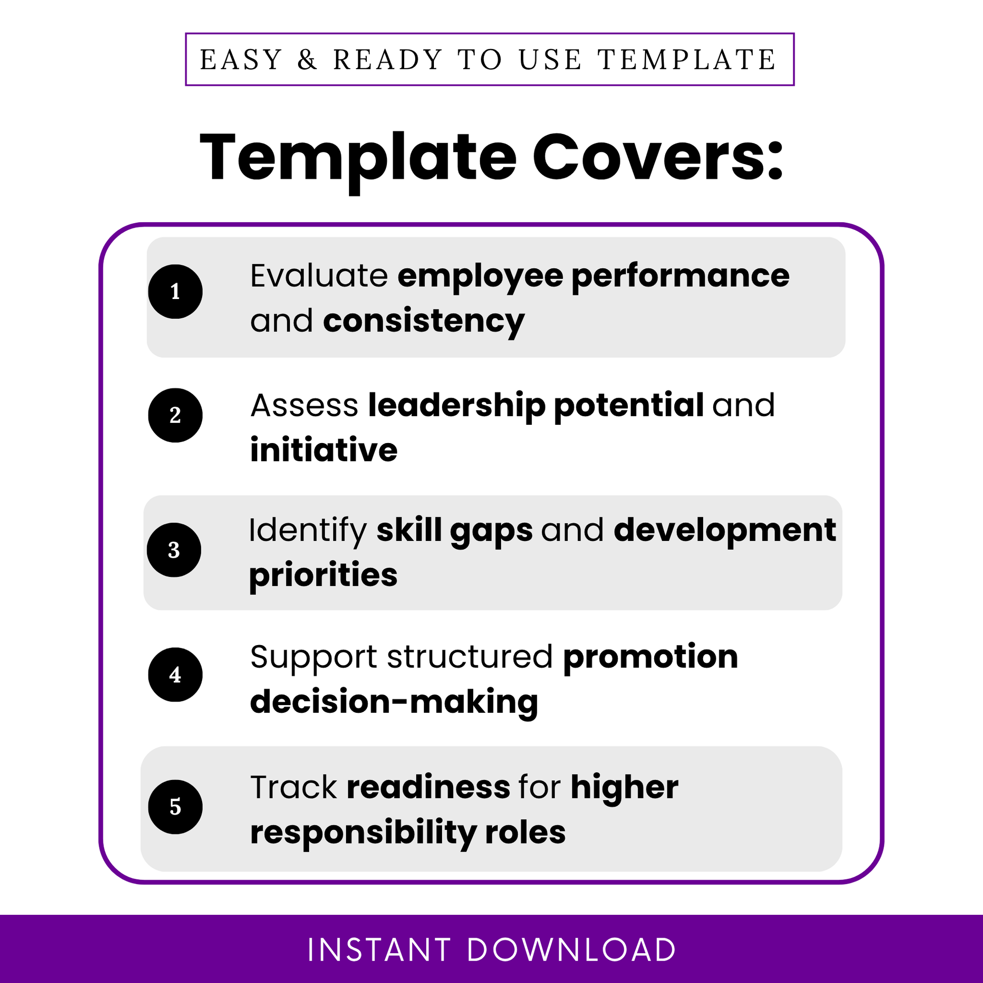 Employee promotion checklist template features graphic showing performance evaluation, leadership assessment, skill gap analysis, promotion decision support, and readiness tracking