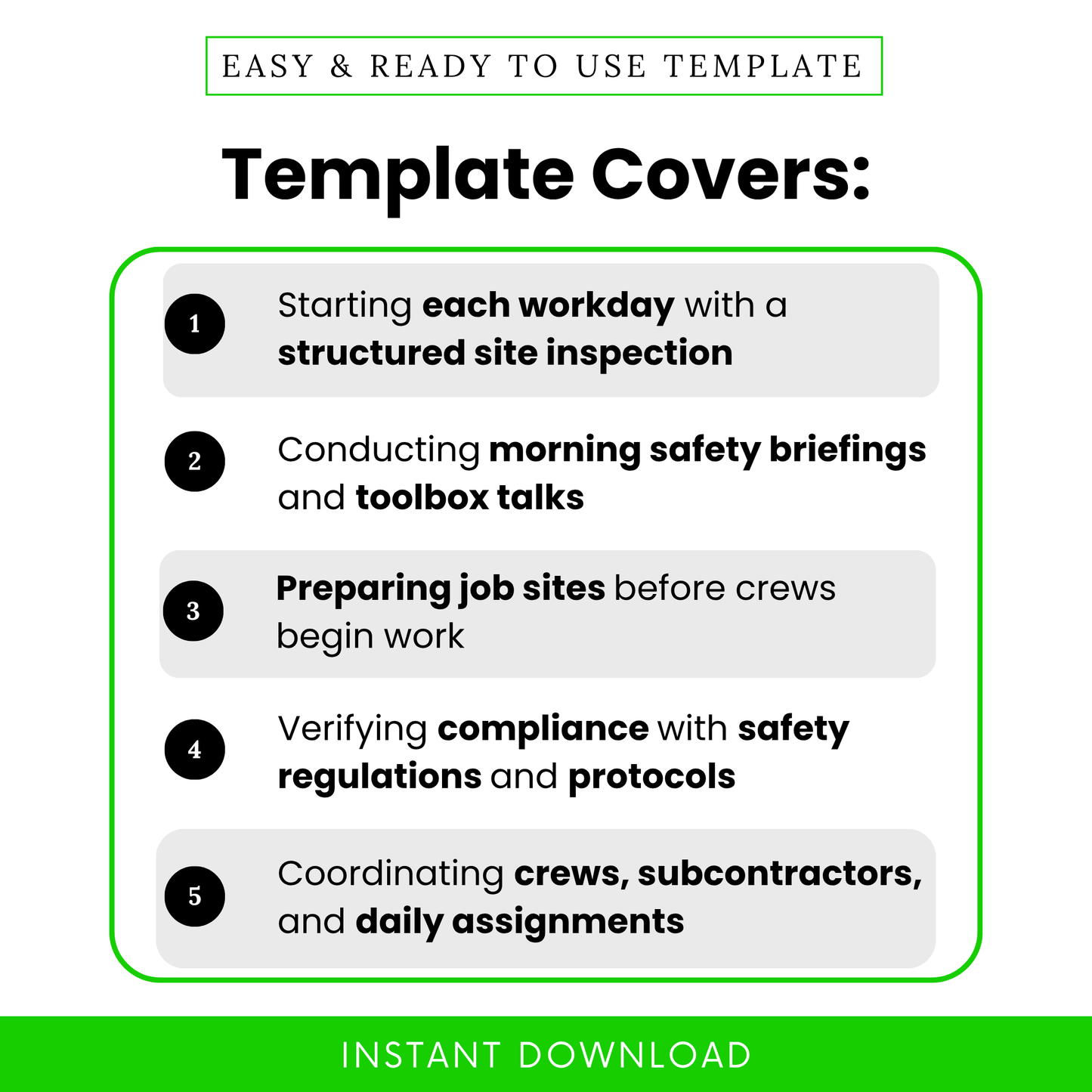 Simple Construction Daily Checklist Template highlighting key use cases like site inspections, safety briefings, and daily coordination tasks. This Construction Daily Start-Up Checklist Template PDF helps construction teams stay organized, improve compliance, and manage crews efficiently. Perfect for supervisors and project managers handling daily operations.