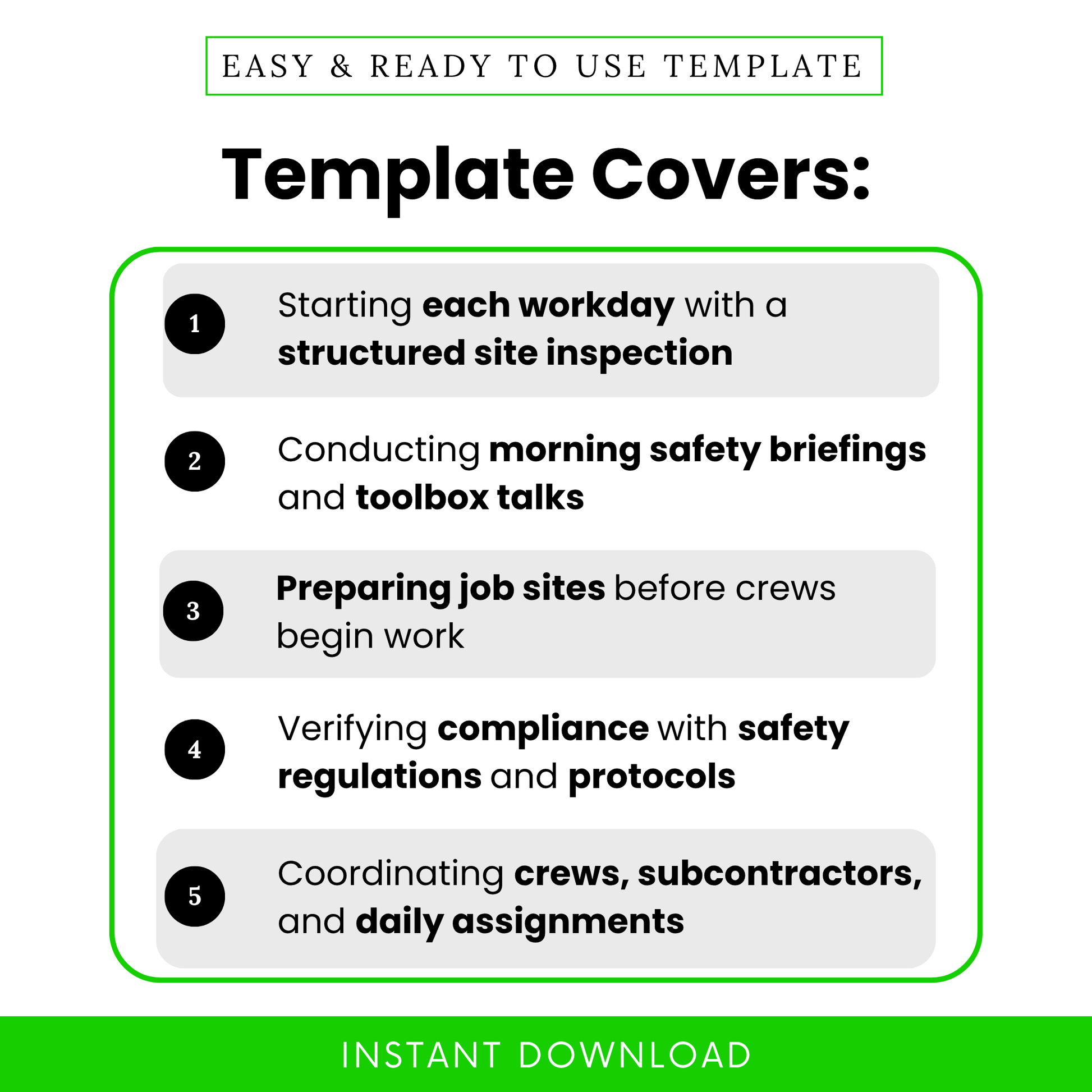 Simple Construction Daily Checklist Template highlighting key use cases like site inspections, safety briefings, and daily coordination tasks. This Construction Daily Start-Up Checklist Template PDF helps construction teams stay organized, improve compliance, and manage crews efficiently. Perfect for supervisors and project managers handling daily operations.