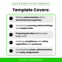 Simple Construction Daily Checklist Template highlighting key use cases like site inspections, safety briefings, and daily coordination tasks. This Construction Daily Start-Up Checklist Template PDF helps construction teams stay organized, improve compliance, and manage crews efficiently. Perfect for supervisors and project managers handling daily operations.