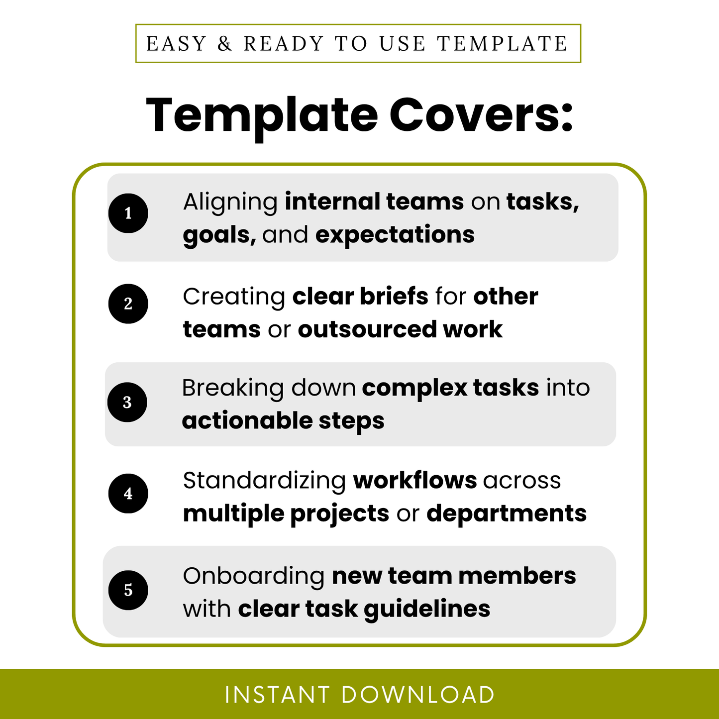 Task brief template use cases infographic showing team alignment, creating clear briefs, breaking down complex tasks, workflow standardization, and onboarding team members