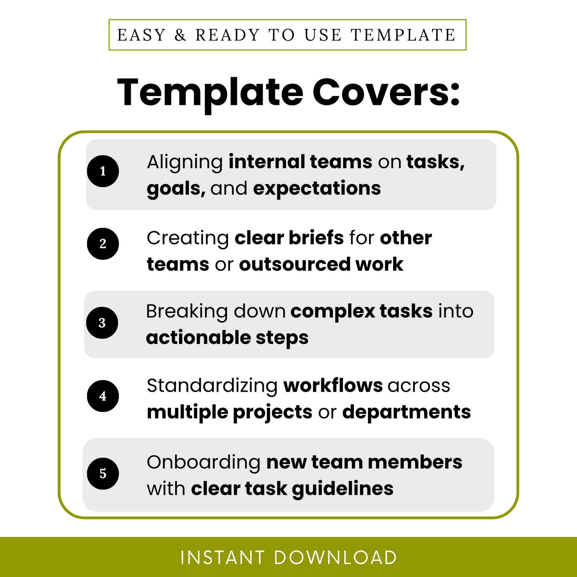 Task brief template use cases infographic showing team alignment, creating clear briefs, breaking down complex tasks, workflow standardization, and onboarding team members