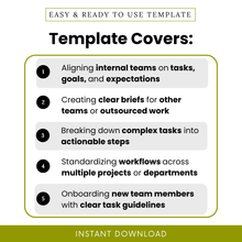 Task brief template use cases infographic showing team alignment, creating clear briefs, breaking down complex tasks, workflow standardization, and onboarding team members