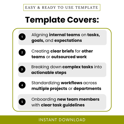 Task brief template use cases infographic showing team alignment, creating clear briefs, breaking down complex tasks, workflow standardization, and onboarding team members