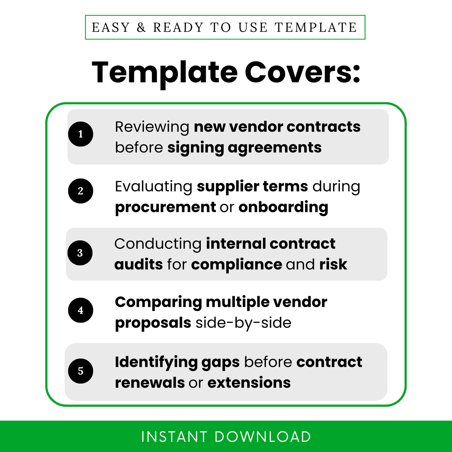 Simple Vendor Contract Review Checklist Template highlighting key use cases like reviewing new vendor contracts, procurement evaluations, and internal audits. This editable Vendor Contract Review Checklist Template helps businesses streamline contract reviews and ensure compliance across teams.