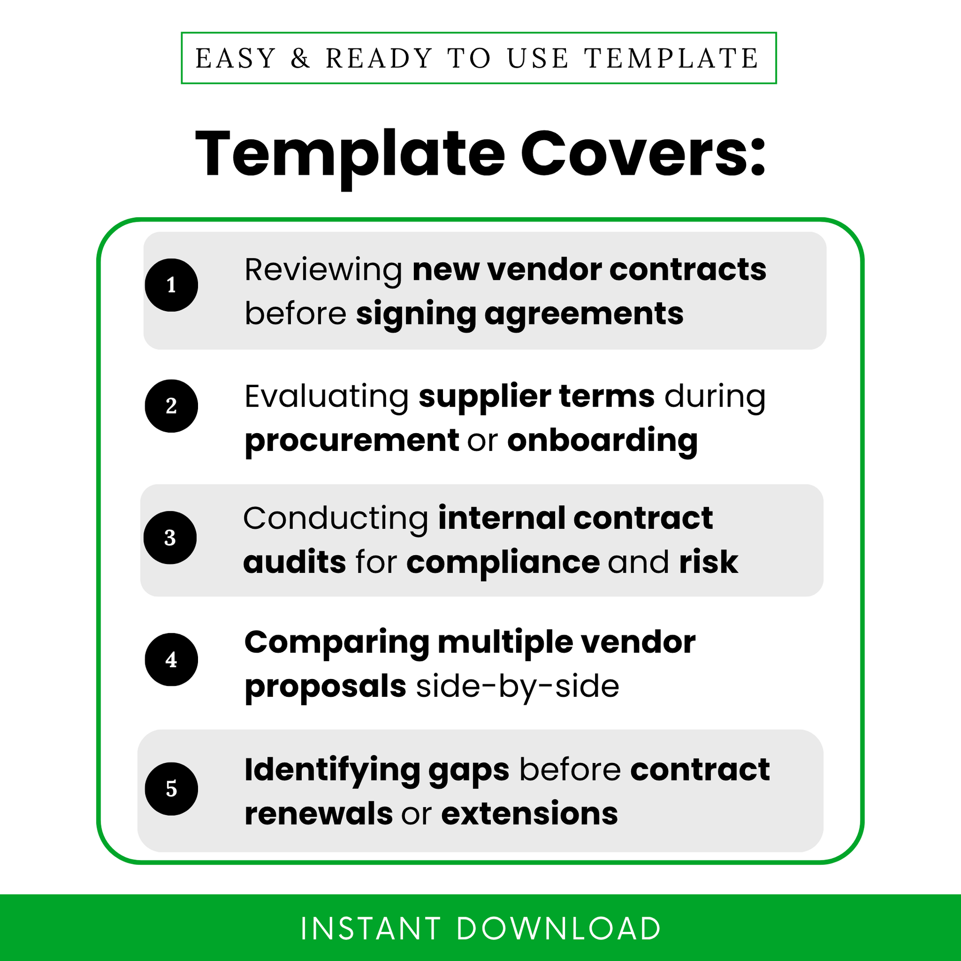 Simple Vendor Contract Review Checklist Template highlighting key use cases like reviewing new vendor contracts, procurement evaluations, and internal audits. This editable Vendor Contract Review Checklist Template helps businesses streamline contract reviews and ensure compliance across teams.