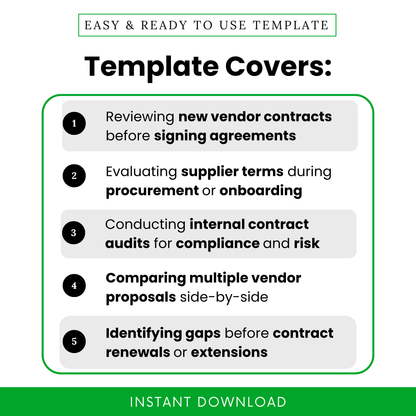 Simple Vendor Contract Review Checklist Template highlighting key use cases like reviewing new vendor contracts, procurement evaluations, and internal audits. This editable Vendor Contract Review Checklist Template helps businesses streamline contract reviews and ensure compliance across teams.