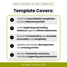 Reconciliation checklist features showing tracking reconciliation completion, verifying balances, transaction accuracy, discrepancy tracking, and financial documentation support