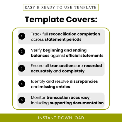 Reconciliation checklist features showing tracking reconciliation completion, verifying balances, transaction accuracy, discrepancy tracking, and financial documentation support