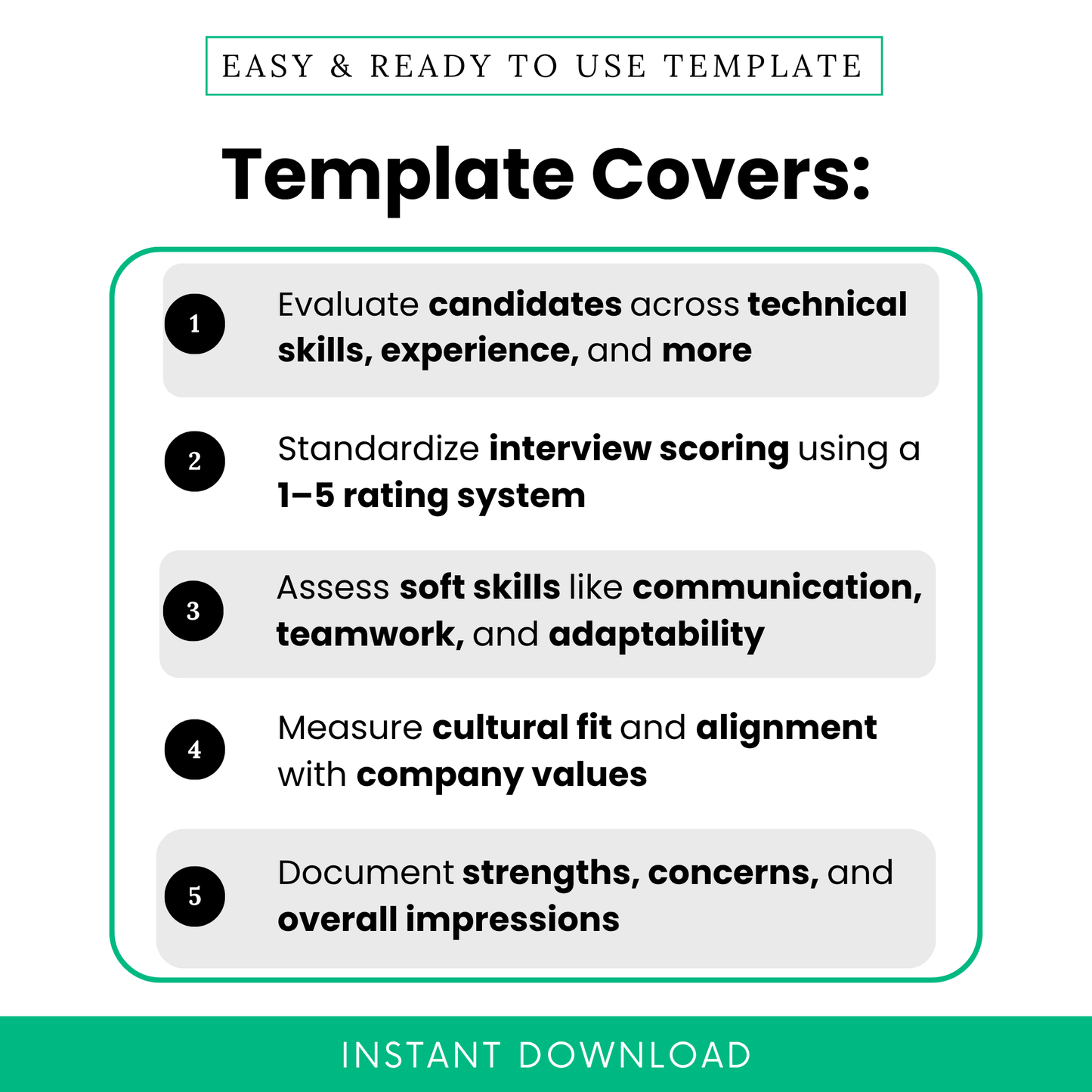 Interview evaluation template with scoring system, skills assessment, soft skills review, and cultural fit checklist for hiring decisions.