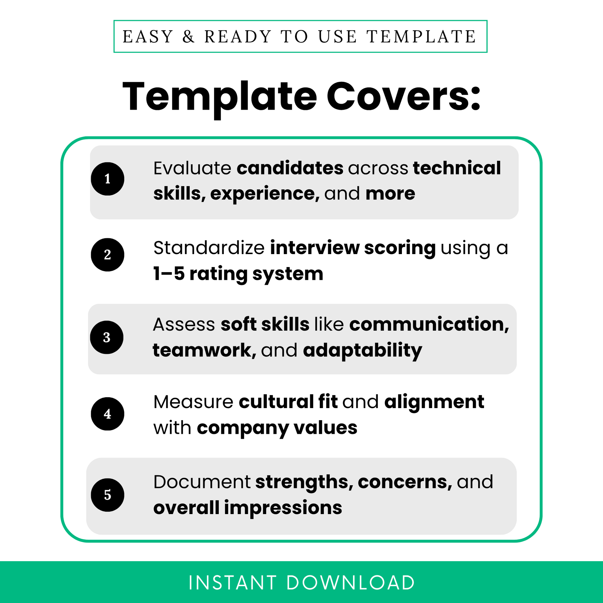 Interview evaluation template with scoring system, skills assessment, soft skills review, and cultural fit checklist for hiring decisions.