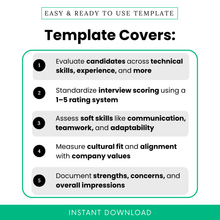 Interview evaluation template with scoring system, skills assessment, soft skills review, and cultural fit checklist for hiring decisions.