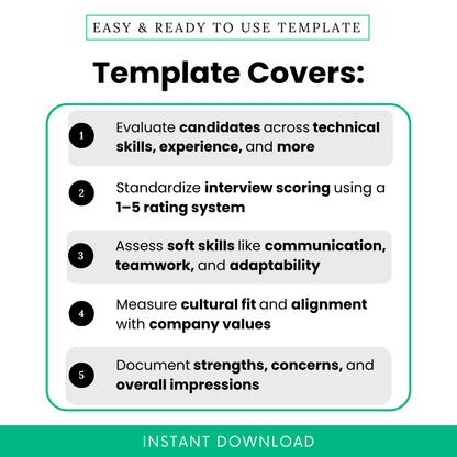 Interview evaluation template with scoring system, skills assessment, soft skills review, and cultural fit checklist for hiring decisions.