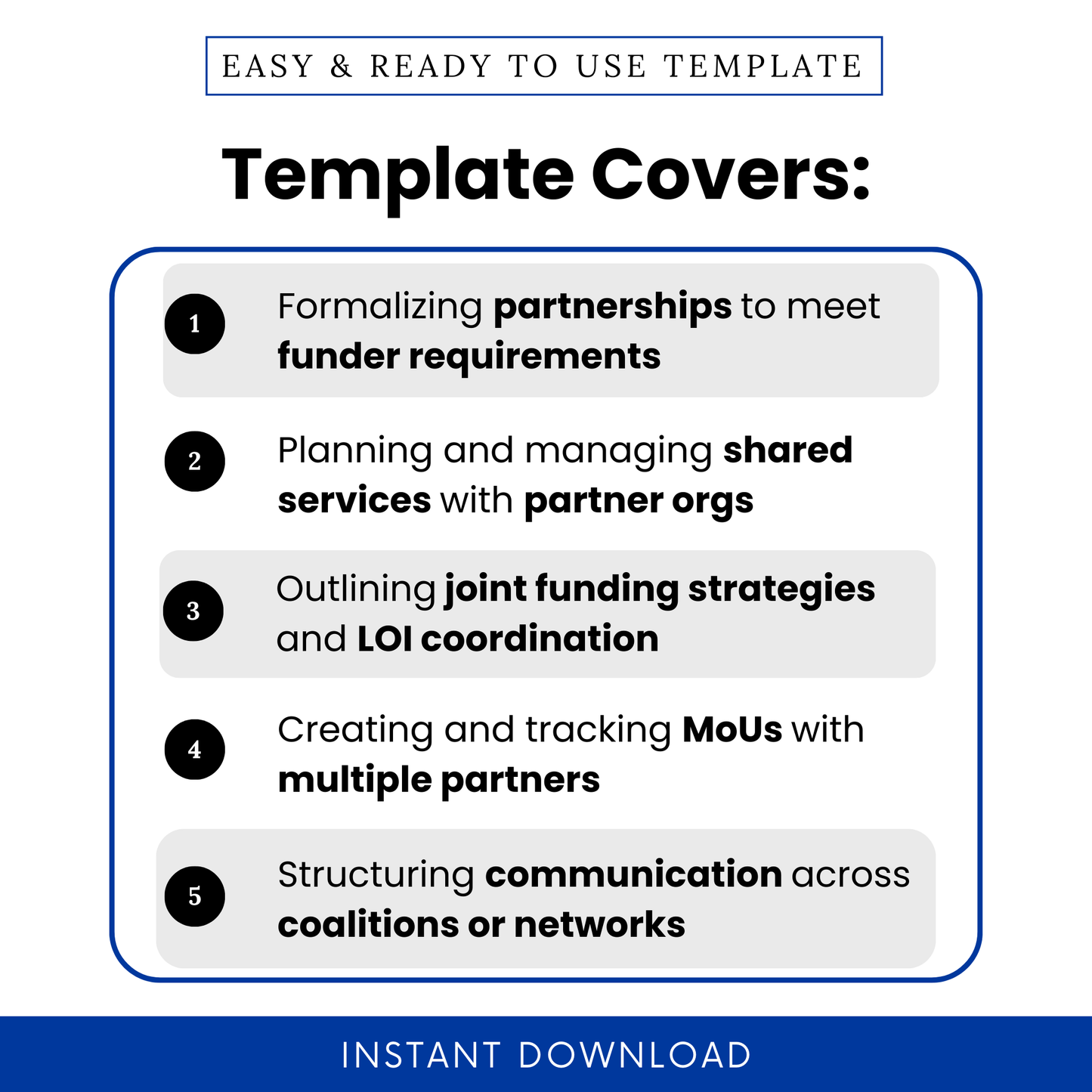 Nonprofit partnership plan template features including formalizing partnerships, shared services planning, joint funding strategies, MoU tracking, and coalition communication structure