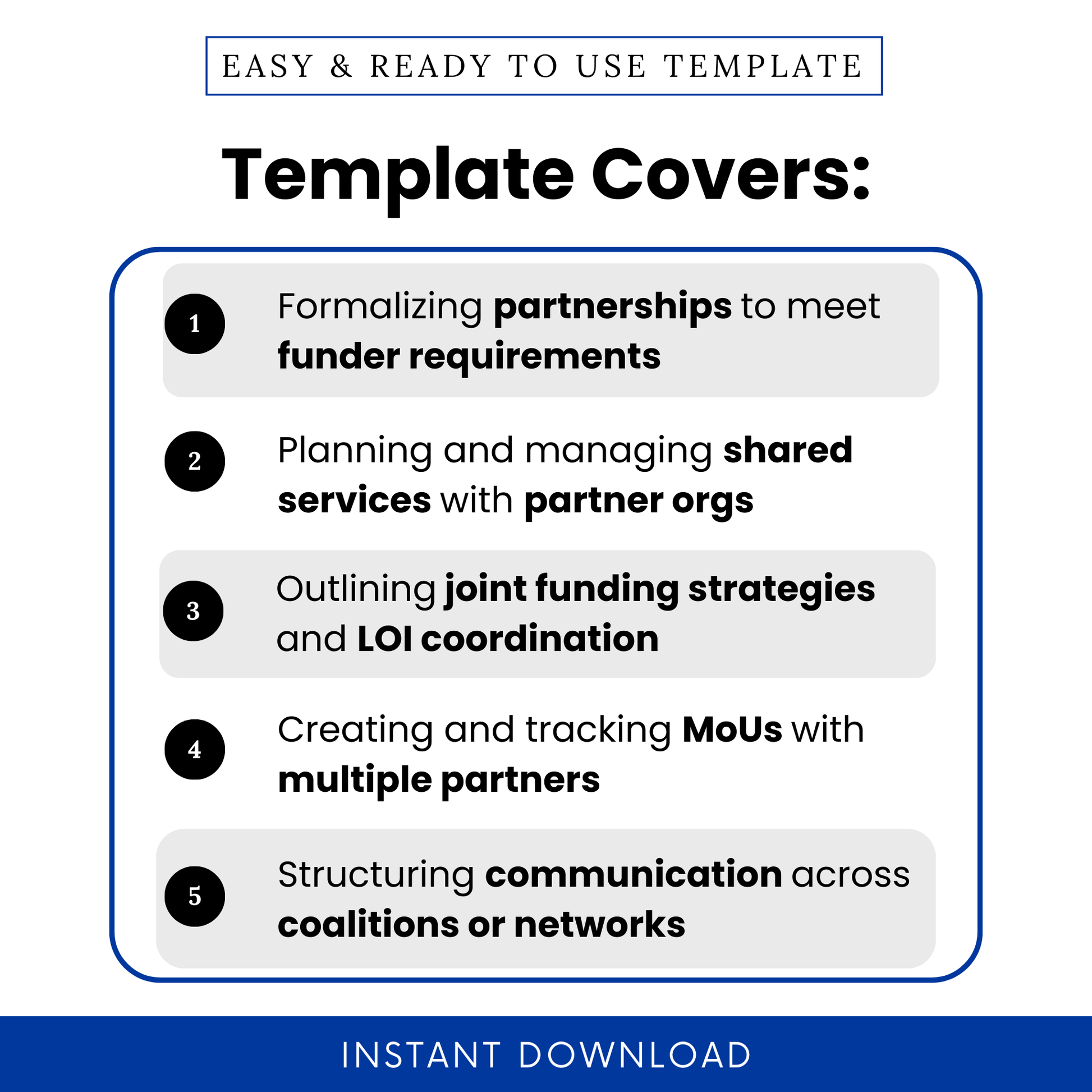 Nonprofit partnership plan template features including formalizing partnerships, shared services planning, joint funding strategies, MoU tracking, and coalition communication structure